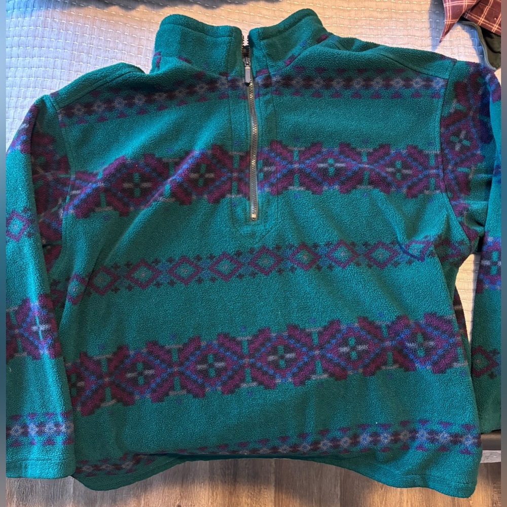VTG Eddie Bauer Green Purple Aztec Fleece 1/4 Zip Pullover Sweater USA Size XXL